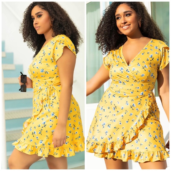 REBDOLLS “Let’s Talk” Yellow Floral Ruffle Faux Wrap Dress NWT Size 3X - Picture 14 of 16